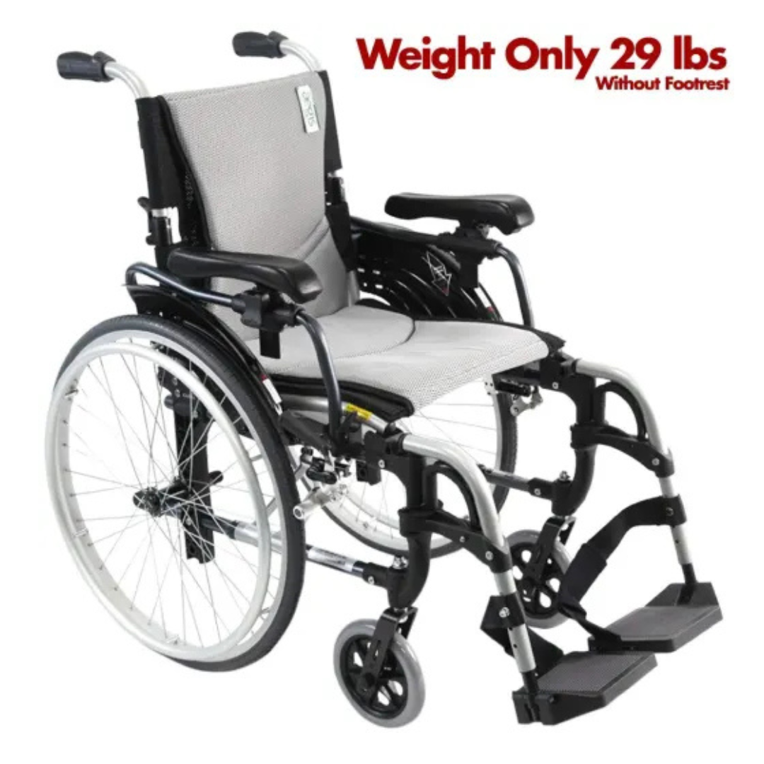 The Karman S-Ergo 305 Ultra Lightweight Ergonomic Wheelchair, with adjustable seat height, has a sleek silver frame and gray seat fabric. Designed for long-term mobility aid, it features large rear wheels and smaller front ones, weighing just 29 lbs without the footrest.